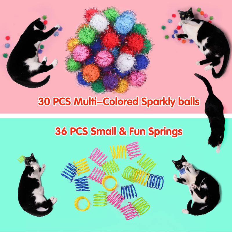 SEVENKA Cat Toys 30 Pcs Color Flash Balls and 36 Spring Toys, 1.1in Small Soft Cat Toy Ball Tinsel Pom Poms, Kitten Toys, Plastic Spiral Springs for Cat Swatting, Biting, Hunting, Active Healthy Play 30 Flash Balls & 36 Springs - BeesActive Australia