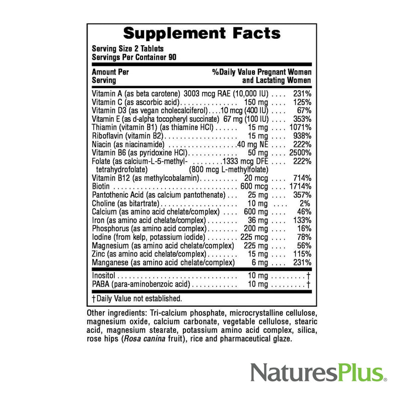NaturesPlus Ultra Prenatal Multivitamin - 800 mcg Folate, 180 Vegetarian Tablets - Prenatal Supplement with Iron, Iodine, Calcium & B-Complex Vitamins - Gluten-Free - 90 Servings
