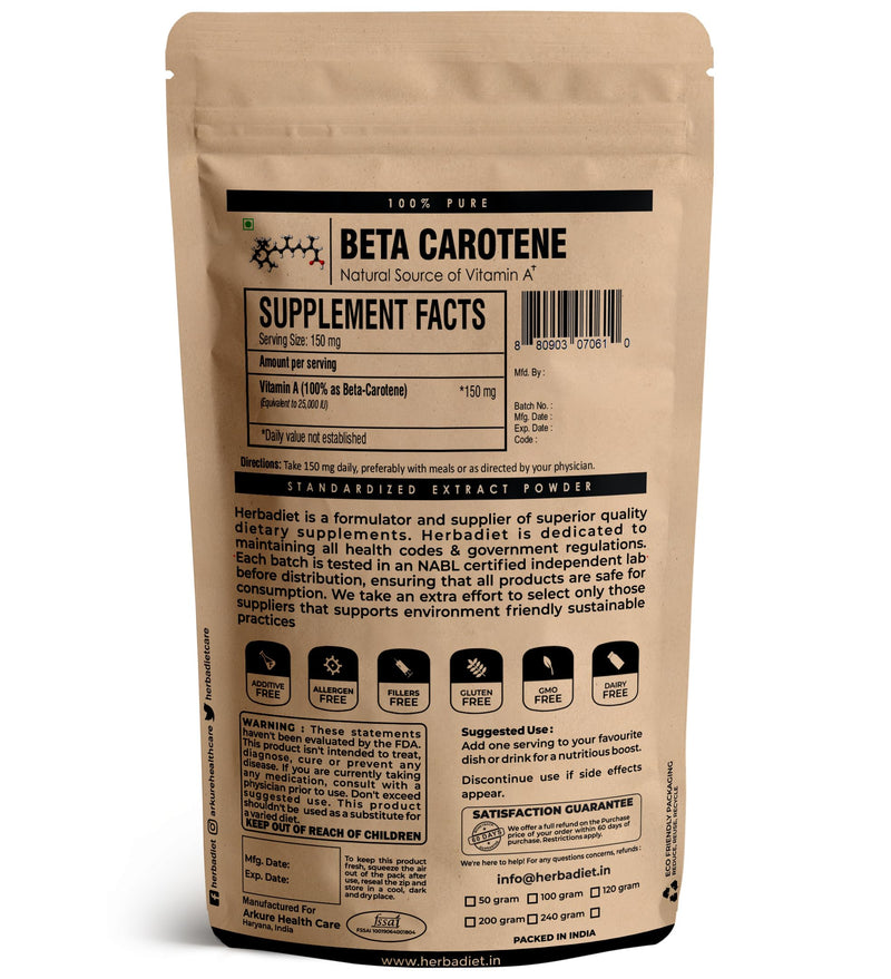 Beta Carotene 10% Vitamin A 25000 IU Powder | Immune System Support, Antioxidant Supplement | Cartenoids for Healthy Vision, Eyes & Skin | 100% Natural Betacarotene (1.76 oz - 50 gram)