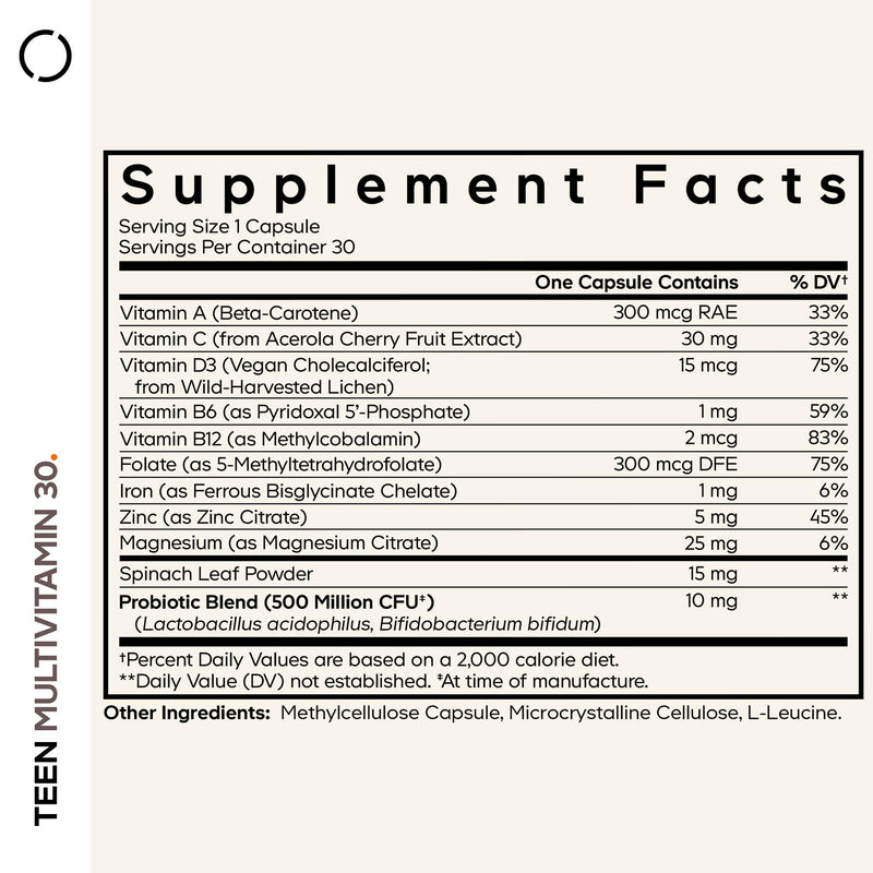 Codeage Teen Multivitamin - Vitamins A, C, D3, B6, B12, Folate, Zinc, Magnesium, Iron, Probiotics, Fermented Spinach - Multivitamins for Teenage Boys and Girls - Non-GMO, Gluten-Free - 30 Capsules