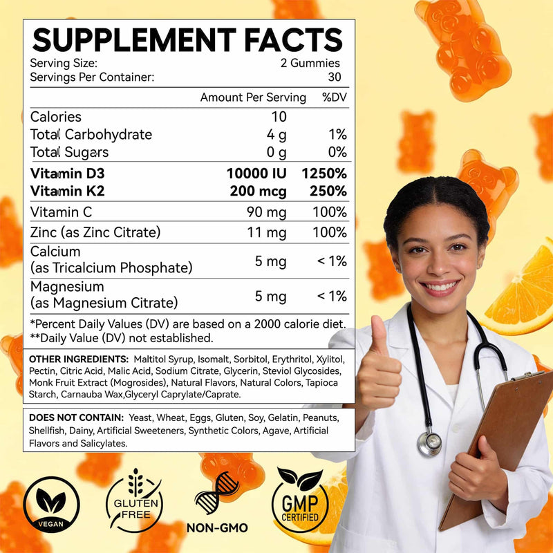 Vitamin D3 K2 Gummies, Sugar Free Vitamin D3 10000 IU & 200mcg K2 (as MK7) | D3 K2 Vitamin Enhanced with Calcium, Magnesium & Zinc for Bone, Muscle & Immune Support
