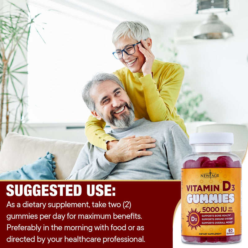 NEW AGE Vitamin D3 5000 IU 125mcg Gummies - Support Immune Support, Strong Bone Health - Non-GMO, Gluten-Free, Dairy-Free, No Gelatin (120 Gummies (Pack of 2)) 120 Gummies (Pack of 2) - BeesActive Australia