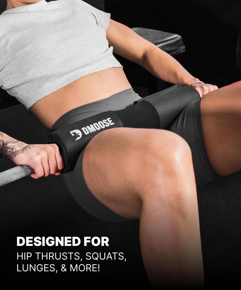 DMoose Fitness Barbell Pad for Hip Thrust, Squat & Lunges - Non-Slip Thick Foam Cushion for Neck and Back Support with Two Straps - Hip Thrust Pad for Leg Day - Fits All Olympic Bars and Smith Machine Black with Fabric Cover