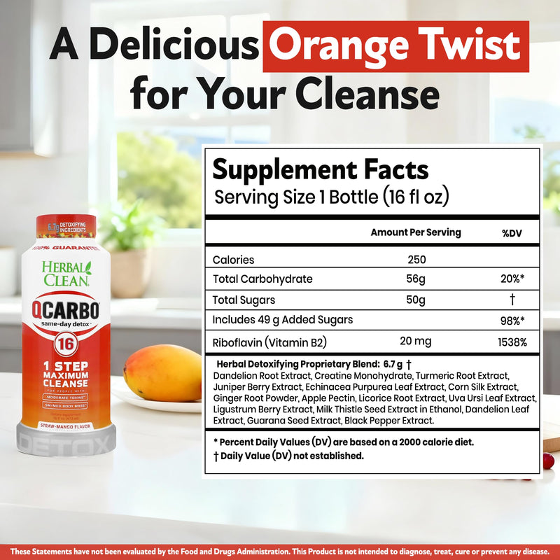 Herbal Clean Qcarbo16 Same-Day Detox Cleanse Drink (16 fl oz) - Strawberry Mango Flavor Full Body Cleanse* Detox Drink for Moderate Toxin Level*, Vitamin B2 and Vitamin B12 for Men & Women
