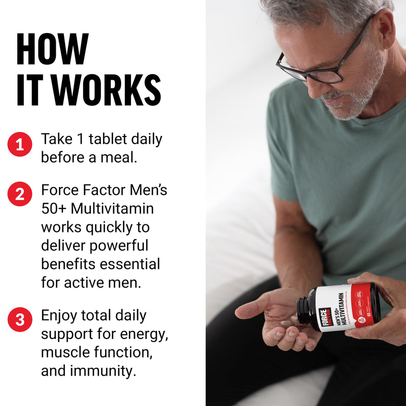 Force Factor Men’s Multivitamin 50 Plus, Multivitamin for Men | with 26 Vitamins and Minerals & Phytonutrients to Support Energy, Immune Health & Muscle Function, 60 Tablets Men's 50+