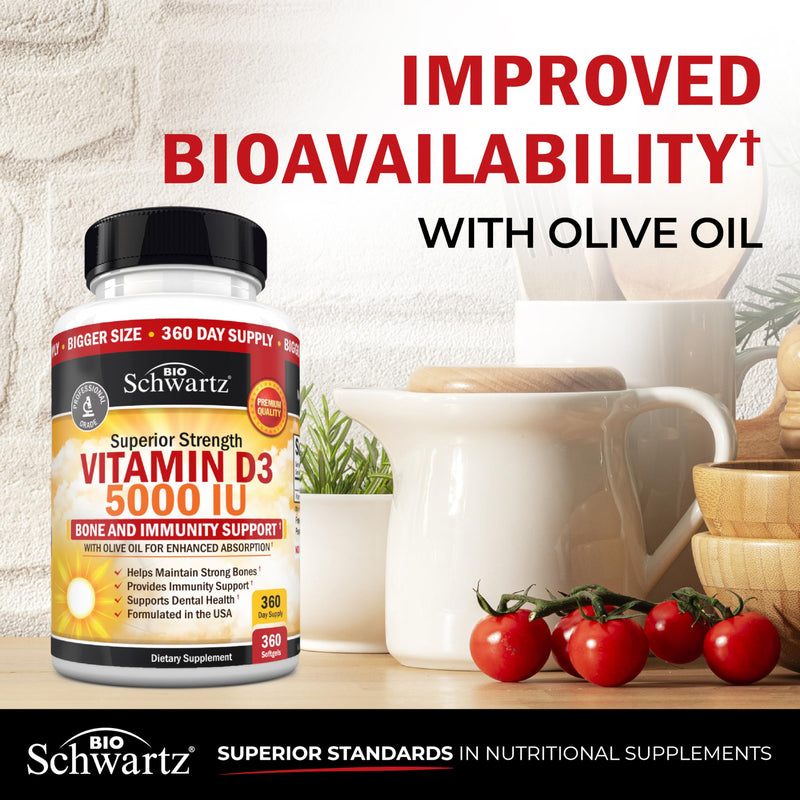 Vitamin D3 5000 IU (125 mcg) Supplement, 360 Softgels | Immune Support, Bone Strength, Healthy Muscle Function, with Olive Oil for Highest Absorption, Gluten Free & Non-GMO