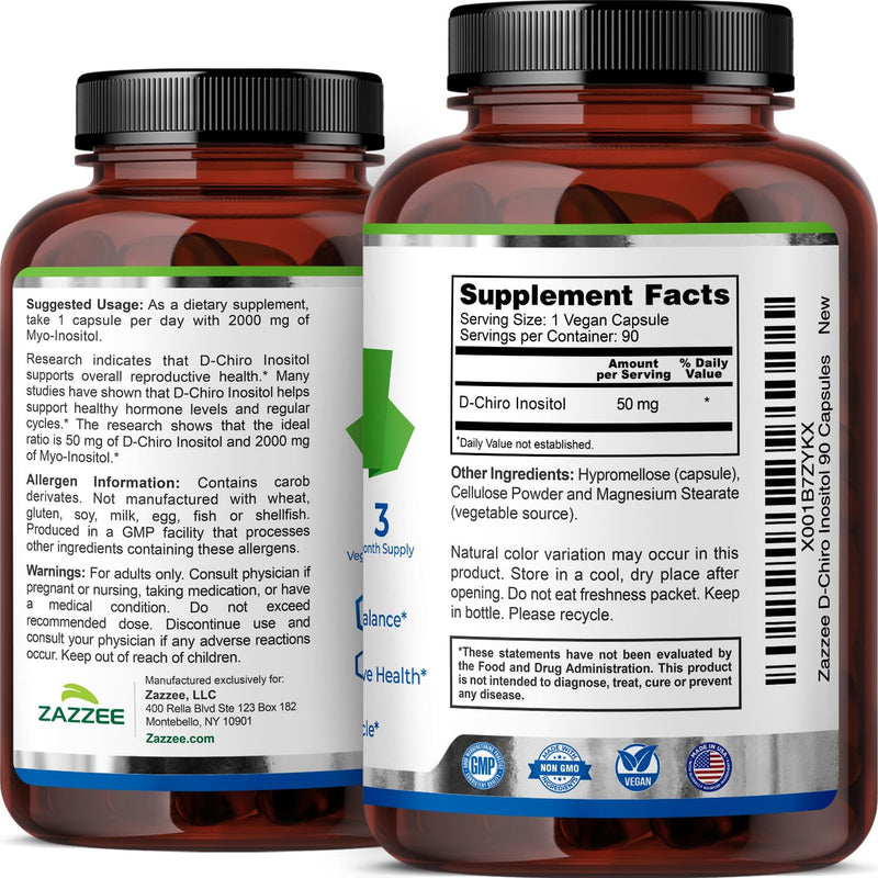Zazzee D-Chiro-Inositol, 50 mg per Capsule, 90 Vegan Capsules | Ideal Dosage for 40:1 Ratio with Myo-Inositol, 3 Month Supply, 100% Vegetarian, Non-GMO, Made in the USA