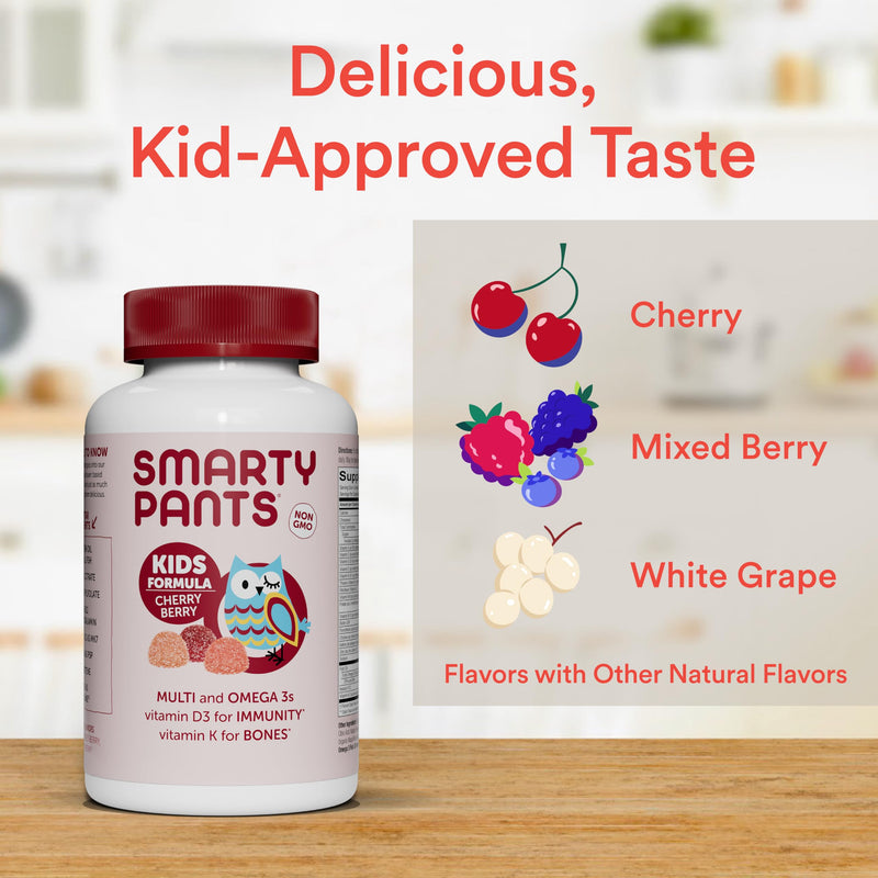 SmartyPants Kids Multivitamin Gummies: Omega 3 Fish Oil (EPA/DHA), Vitamin D3, C, Vitamin B12, B6, A, K & Zinc for Immune Support, Biotin, Grape, Cherry & Berry Flavors, 120 Count (30 Day Supply) Kids Cherry Berry 120 Count (Pack of 1)