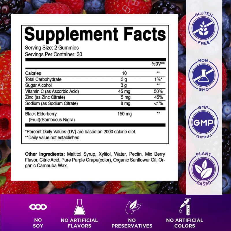 Vitamatic Elderberry Gummies with Vitamin C & Zinc – Immune Support Supplement – Mixed Berry Flavor– 60 Gummies – Made in The USA, Vegan, Non-GMO, Gluten-Free - 2 Pack