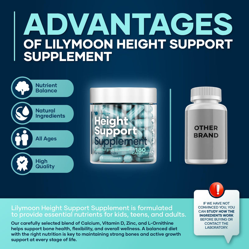 Height & Bone Support Supplement - Premium Height Growth Supplement for Kids & Teens with Calcium - Nutritional Support Bone Health Formula - Height Increase Essential Vitamins - 180 Caps 180 Count (Pack of 1)