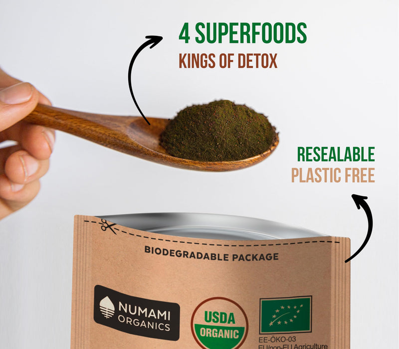 Numami Organic Detox Blueberry Smoothie Powder with Healthy Spirulina, Atlantic Dulse and Barley Grass Juice Powder, Premium Quality superfood from Europe Blueberry Powder 4 Ounce (Pack of 1)