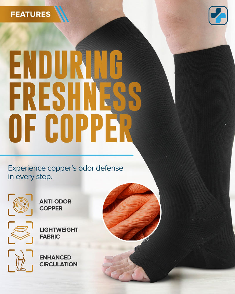 Doctor's Select 3 Pairs Copper Toeless Compression Socks Women & Men - 20-30 mmHg Open Toe Compression Socks Knee High Women Medium Black - 3 Pairs