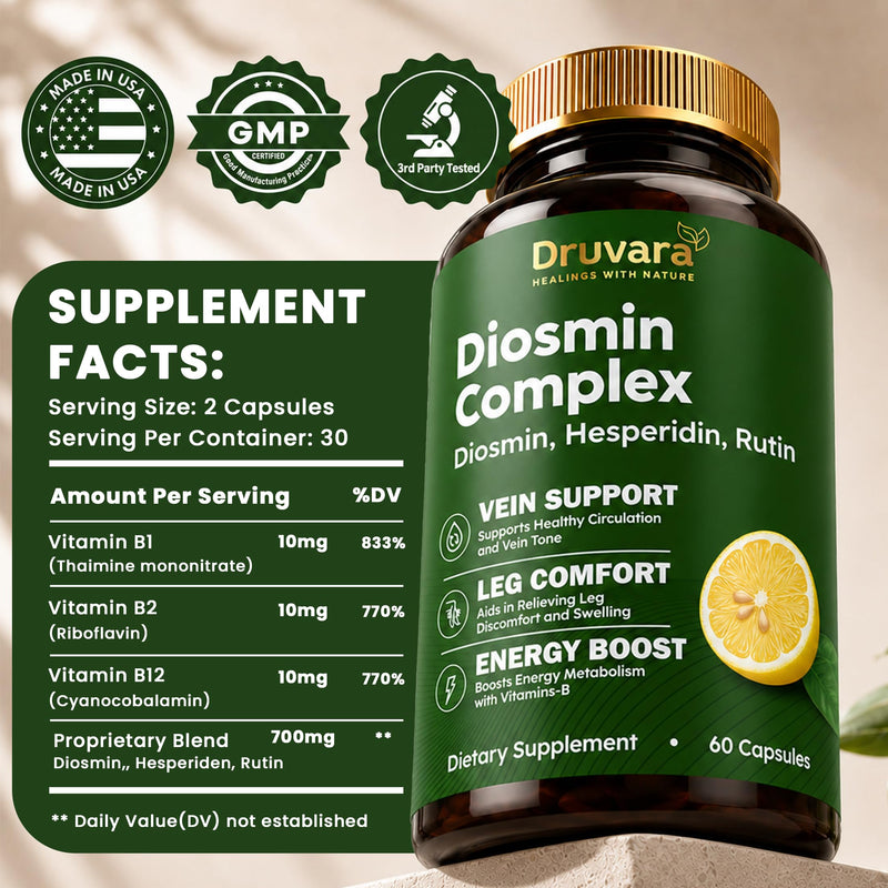 Diosmin Hesperidin with Rutin & B Vitamins | Vein Support Supplement for Leg Comfort, Healthy Circulation, Vein Strength & Improved Mobility - 60 Capsules