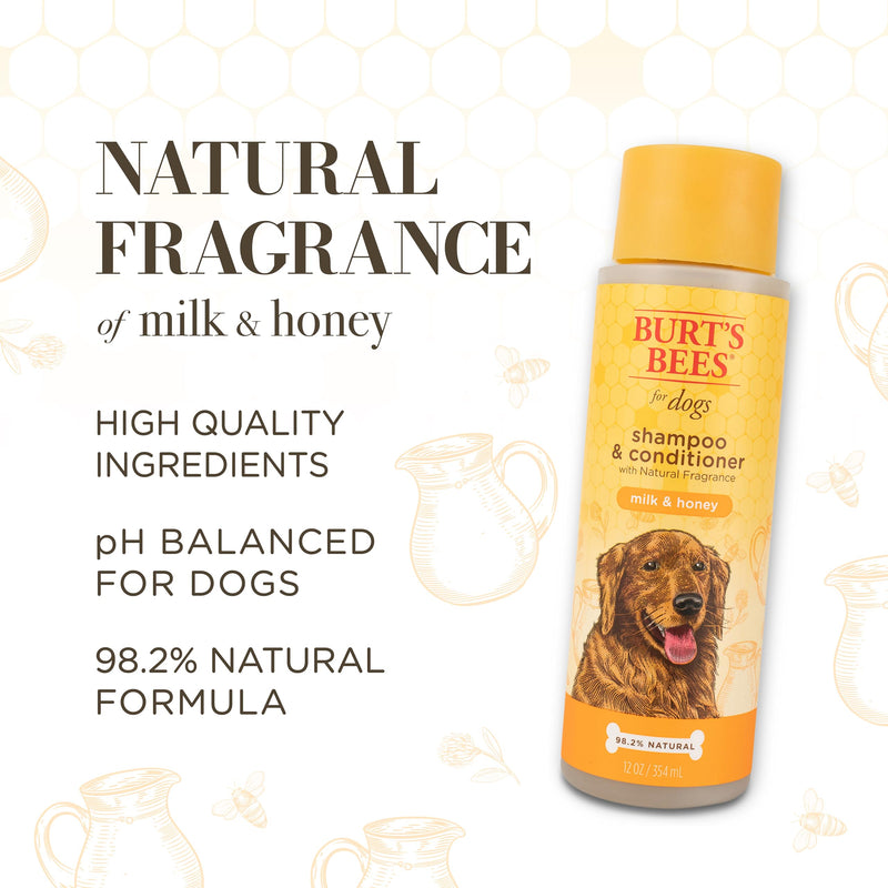 Burt's Bees for Pets Milk and Honey Shampoo and Conditioner for Dogs, Naturally Derived Ingredients, Cruelty Free, Formulated without Sulfates and Parabens, pH Balanced for Dogs, 12 Fl Oz Milk & Honey 12 Fl Oz (Pack of 1) - BeesActive Australia