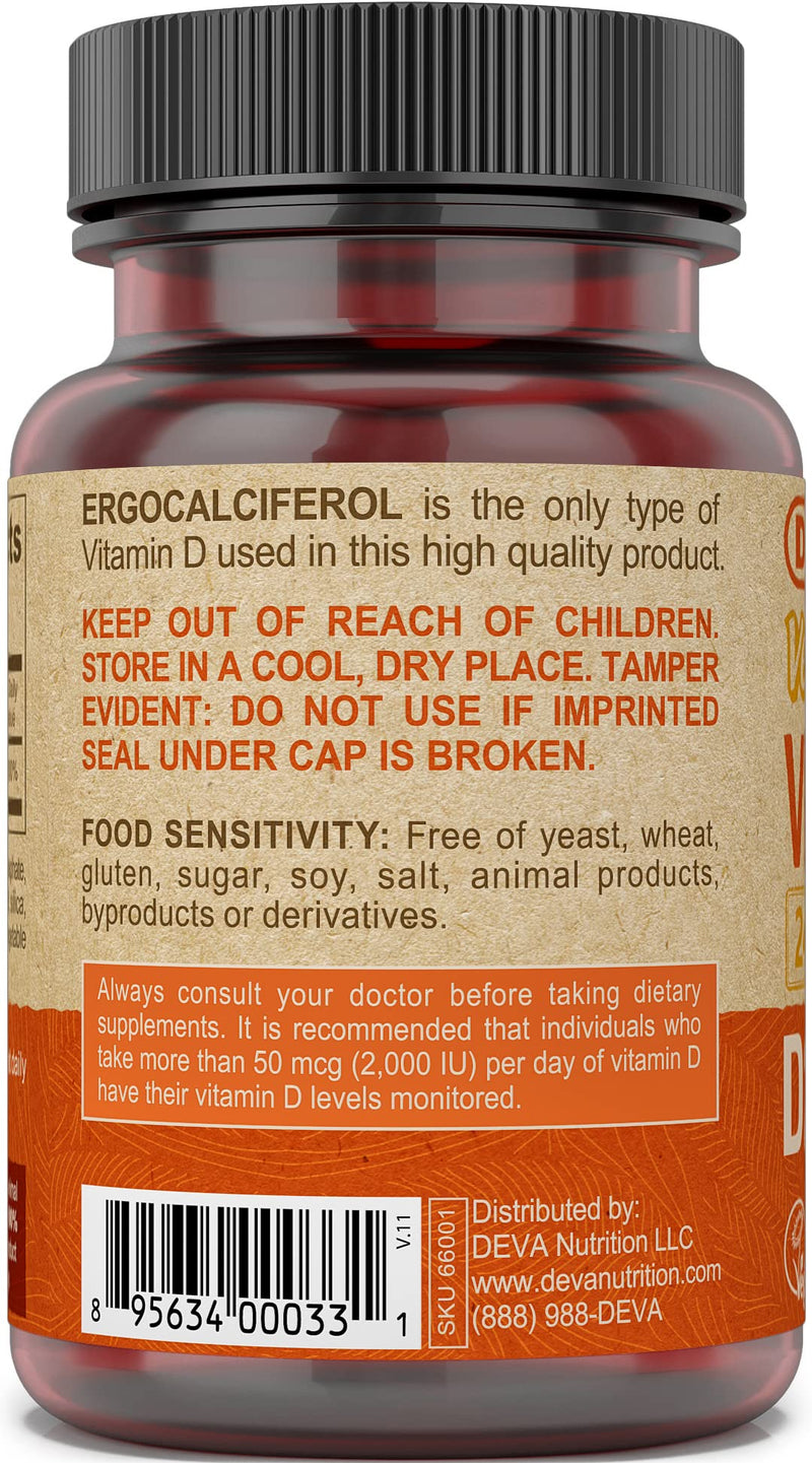 DEVA Vegan Vitamin D2 60 mcg 2400 IU, Ergocalciferol Supplement with No Animal Ingredients, 90 Tablets (Pack of 3) 90 Count (Pack of 3)