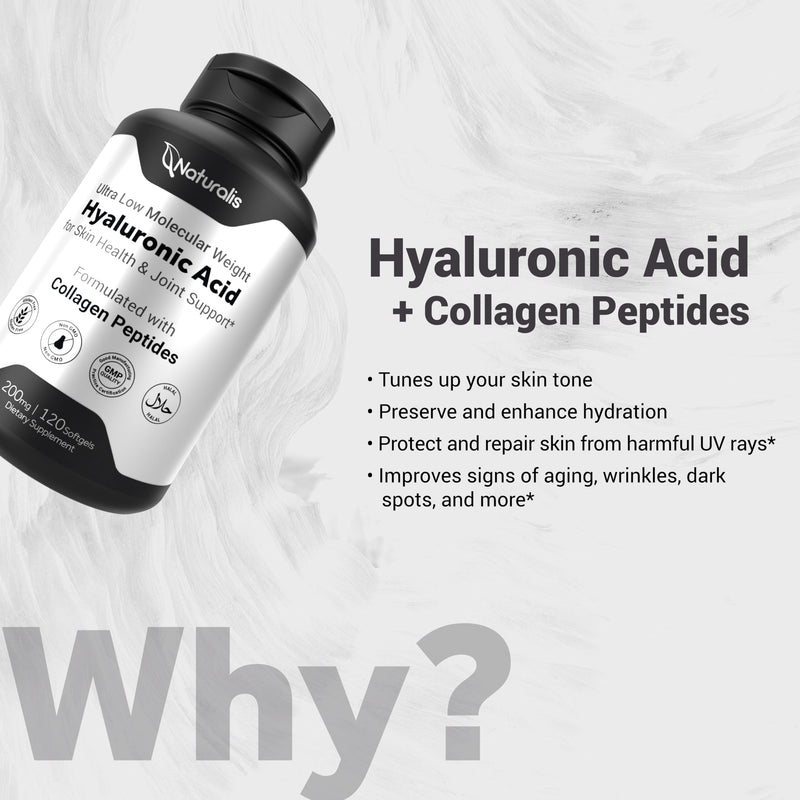 Naturalis Hyaluronic Acid 200mg 120 Softgels | Ultra Low Molecular Weight | 5,000 Da Ultra-Low Molecular Weight Collagen with 10X Better Absorption, enhanced with Biotin, Selenium, and Vitamin E. 120 Count (Pack of 1)
