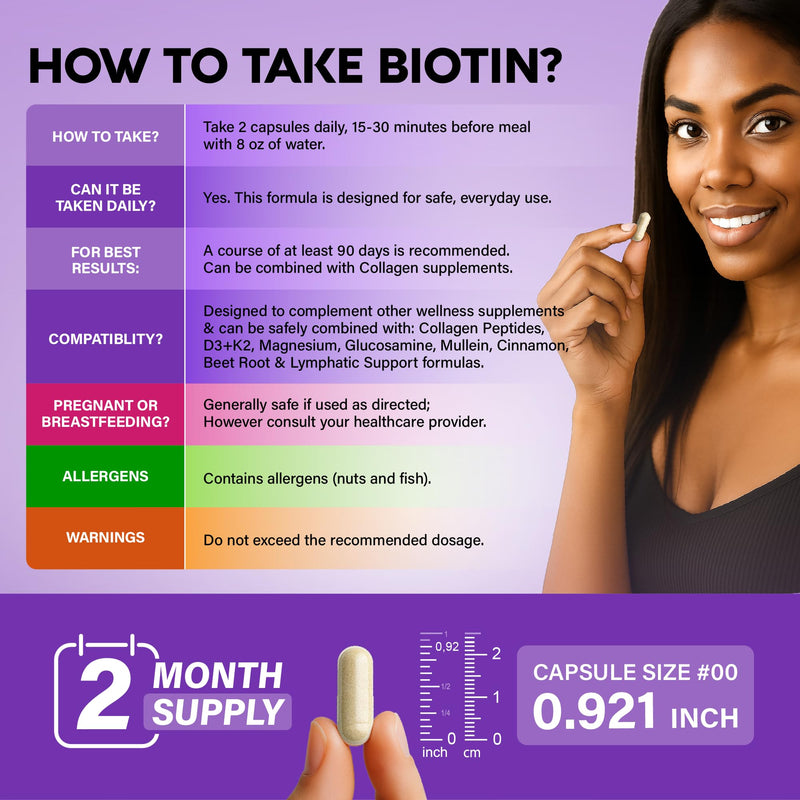Biotin, Collagen, Hyaluronic Acid & Keratin - Hair Growth Support, 120 Caps | Hair, Skin & Nails Vitamins - Clinically Tested Supplement for Men & Women - 25000mcg Vitamins B1, B2, B3, B6 & B7 120 Count (Pack of 1)