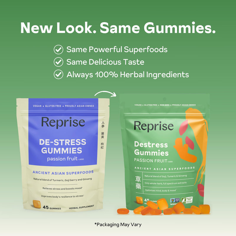 De-Stress Gummies with American Ginseng, Turmeric, and Goji - Assist with Stress Relief & Mood Boost, All-Natural Relaxation, Low-Sugar, 45 Vegan Gummies, Passion Fruit (Pack of 1) Herbal DeStress Blend 45 Count (Pack of 1)