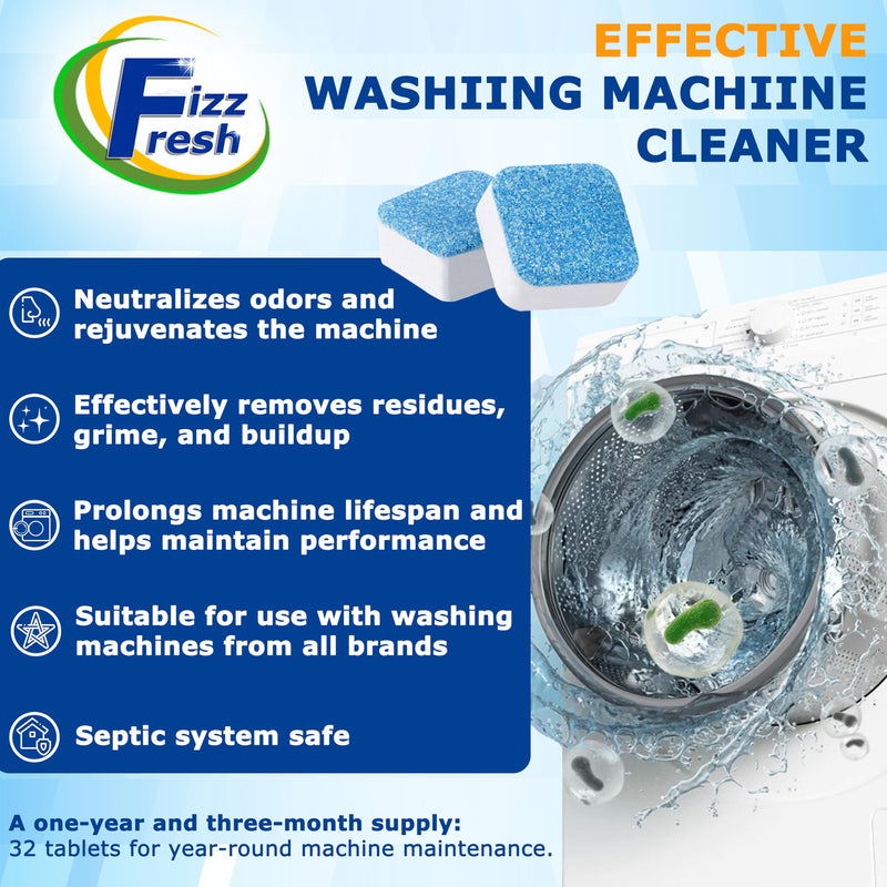 Washing Machine Cleaner Tablets 32-Pack - Deep Cleaner Descaler for Front Load or Top Load Washer - Clean Inside Drum, Tub seal & other Parts Descaler & septic safe - BeesActive Australia