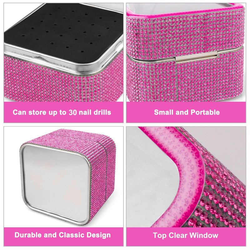 Cellentool 30Pcs Nail Drill Bits Set with Rhinestone Storage Box, 3/32 Inch Ceramic Diamond Carbide Nail Drill Bits for Acrylic Gel Polish, Cuticle Efile Remover for Manicure (Pink) Pink