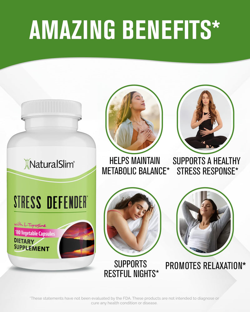 NaturalSlim Stress Defender | Cortisol Reducer & Stress Relief | Cravings, Sleep & Metabolism Support | Vitamin B5 & L-Tyrosine | 180 Vegetable Capsules 180 Count (Pack of 1)