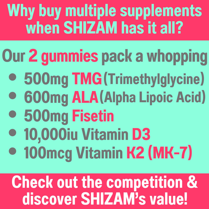 SHIZAM TMG Betaine Alpha Lipoic Acid ALA D3 Fisetin Gummies, Tri-Methylglycine trimethylglycine R-Alpha NAD+ Plus + HCL Supplements, Mitochondrial Senolytic Activator, NR Capsules Powder 600mg 1000mg