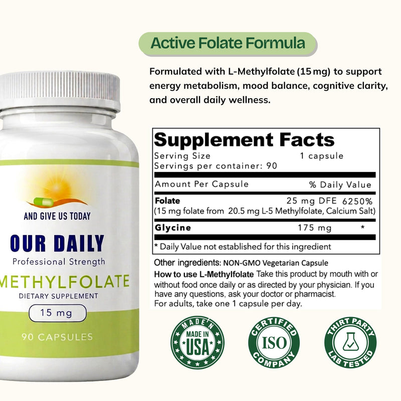 Our Daily Vites, L-Methylfolate 15mg – Active 5-MTHF Methylated Folate Supplement for Women & Men – Methyl Folate for Brain Health, Focus & Mood Support – Gluten Free, Non-GMO–90 Capsules, 90 Servings 90 Count (Pack of 1)