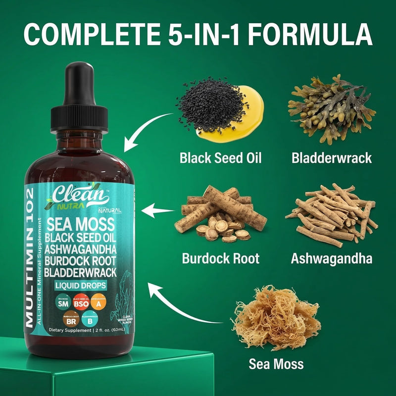 Clean Nutra Organic Sea Moss Drops Supplement | Black Seed Oil Irish Seamoss Ashwagandha Burdock Root & Bladderwrack - Multimineral Liquid Vegan for Gut Heath Energy Skin Immune Support & Hair 1