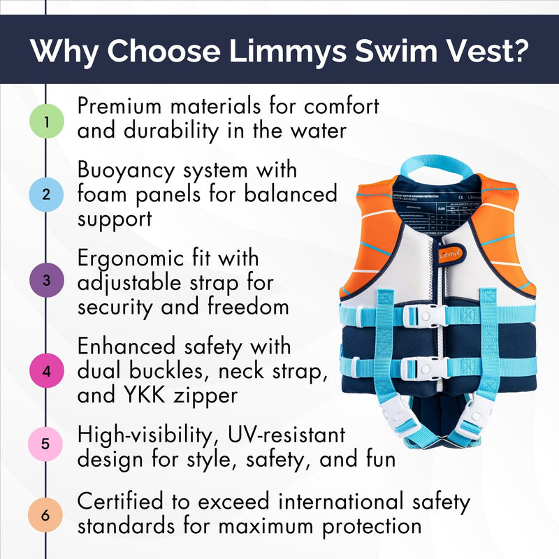 Limmys Swim Vest for Toddlers & Kids – Integrated Foam Panel Swimming Aid, CE Certified, Award-Winning Parent-Approved Design, Secure Double Fastening with YKK Zip, Soft Premium Neoprene Comfort Small Sunset Blue
