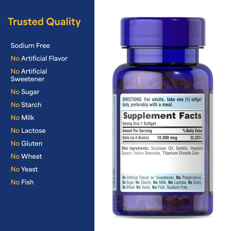 Puritan's Pride Premium Ultra Mega Biotin 10,000mcg, 100 Softgels 50 Count (Pack of 1)