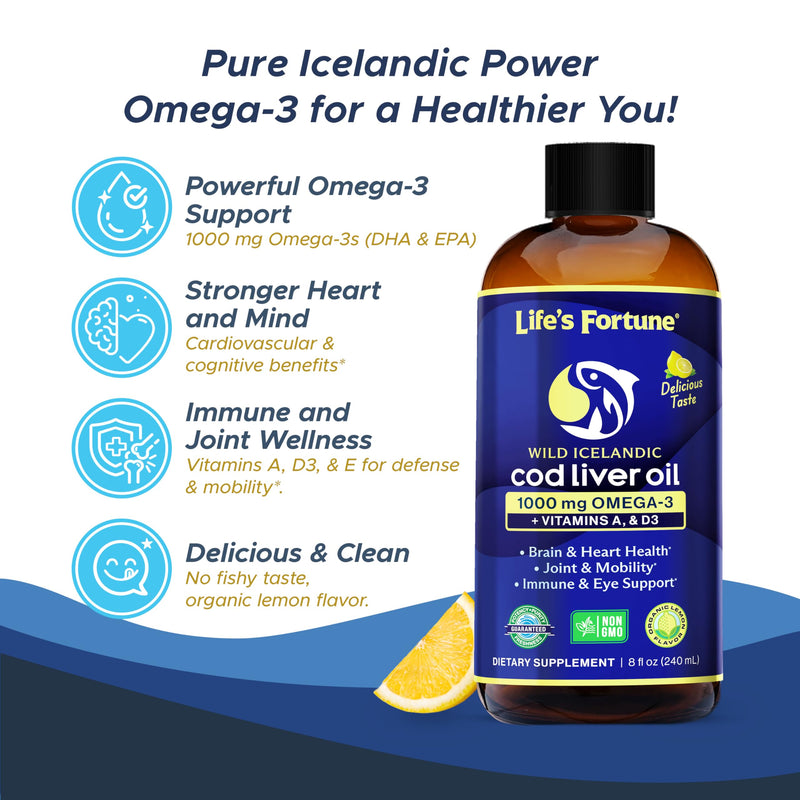 Life's Fortune Cod Liver Oil Liquid Organic Lemon Flavor (8 Oz) 1,000 mg Omega + Vitamin A, E & D3 - Supports Immune Health - 100% Fish Oil Supplement from Wild Ocean Cod-GMO Free 8 Fl Oz (Pack of 1)