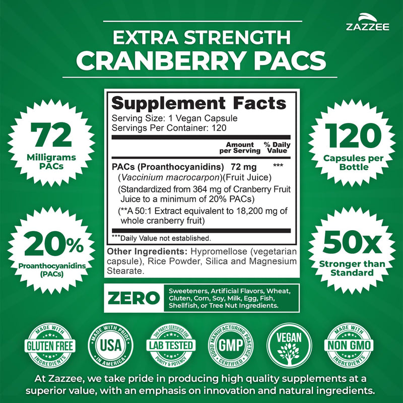 Zazzee Cranberry PACs, 72 mg PACs per Capsule, 2X Strength, 100% Soluble, 120 Vegan Capsules, 50:1 Extract, 18,200 mg Strength, Fast-Acting, Effective Urinary Tract Support, Made in The USA - BeesActive Australia