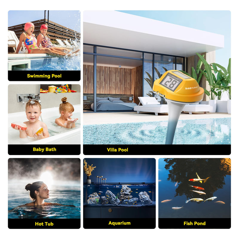 BaldrTherm Floating Pool Thermometer, Swimming Pool Thermometer Digital Solar, High Accurate, Anti-Fog Dual-Sided Display Screen for Babybath, Spas & Aquariums (Yellow) Yellow - BeesActive Australia