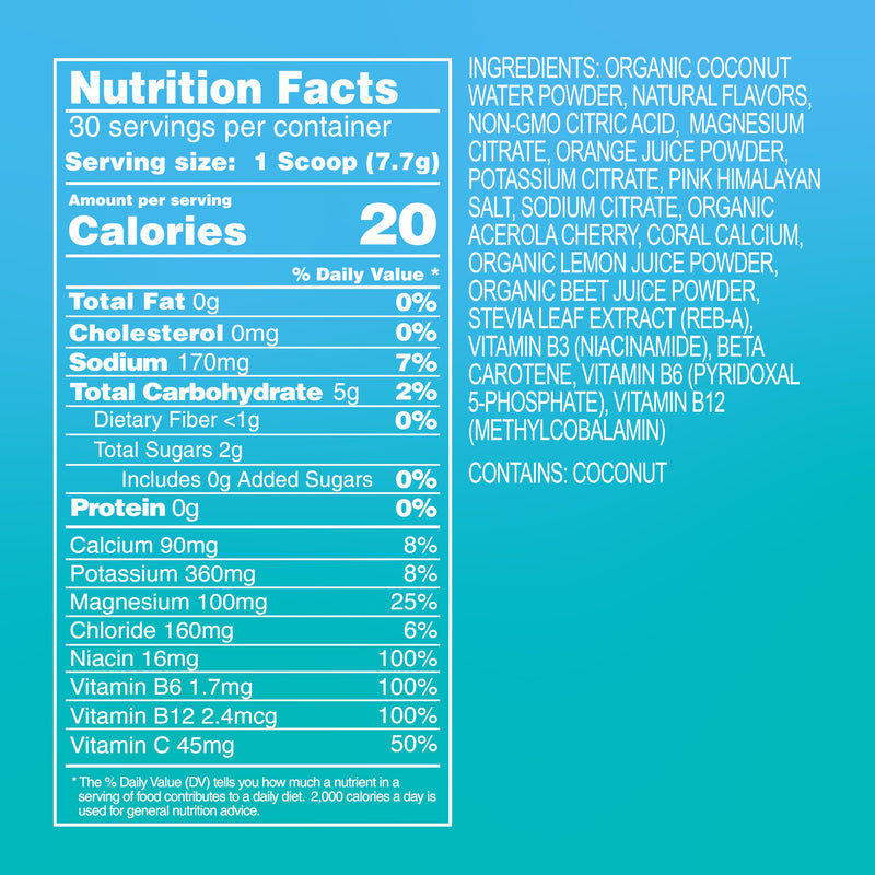 Hydrating Electrolyte Drink Mix | 5 Key Electrolytes + Vitamins | Coconut Water Powder, Pink Himalayan Salt & Real Fruit | Grapefruit | No Added Sugar | 30 Servings 8.1 Ounce (Pack of 1)