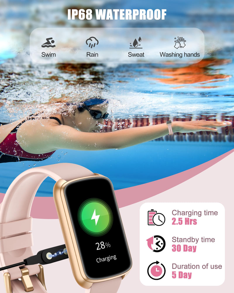 Fitness Tracker, Smart Watch for Women Men with 24/7 Heart Rate/Blood Pressure/Blood Oxygen Monitor,Sleep Tracker,Step & Calorie Counter, IP68 Waterproof Fitness Watches Compatible with Android&iPhone Pink