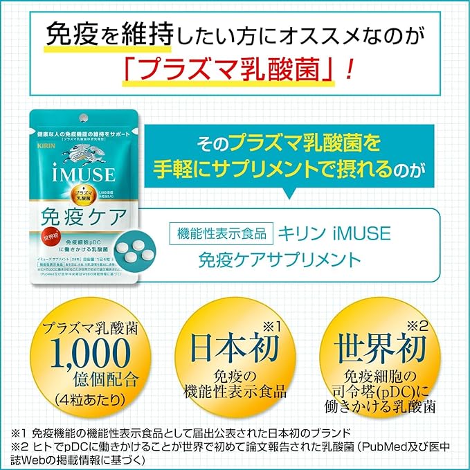 Kirin iMUSE Immune Care Supplement 250mg x 120 tablets (approximately 30 days' worth) Food with Function Claims (Lactic Acid Bacteria Plasma/Supplements/Supplements) ]/Immune Care Supplement Lactic Acid Bacteria - BeesActive Australia
