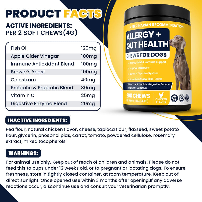 Dog Allergy Chews Probiotics for Dogs Yeast, Itchy Skin and Itchy Ears Itch Relief Immune Pre Probiotic Chews for Pet Digestive Gut Health Anti Itch Supplement for Itching and Licking Dogs Allergies Chicken