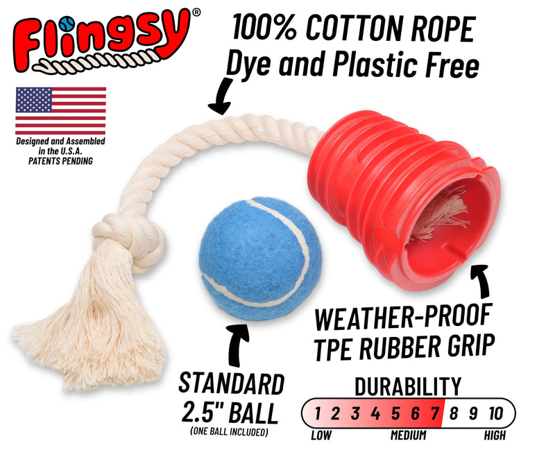 Made in USA Flingsy Dog Ball Launcher and Rope Tug Fetch Thrower Combination Throwing Toy with 100-Percent Natural Cotton Rope Red Flingsy Launcher Rope Toy with 1 Ball - BeesActive Australia