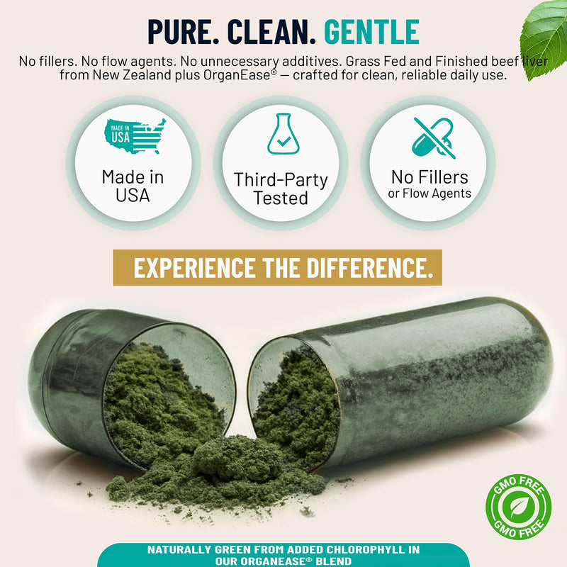 Beef Liver Capsules — Zero Nausea, Zero Burps — OrganEase: Sodium Copper Chlorophyllin + Enzymes Stop Off-Gassing — Thyroid Support: Selenium, B12, Iron, Vitamin A — 3,000mg, 180ct