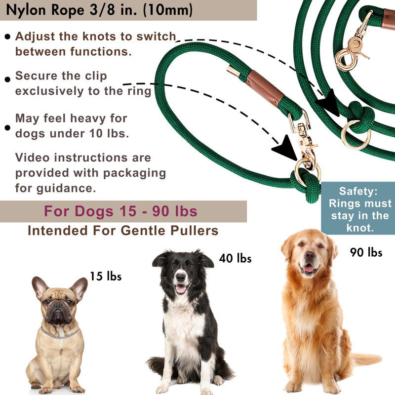 Hands Free Dog Leash, Waist Leash for Dog Walking, Running, Crossbody, Multifunctional, 2 Dogs, Dual Handle, Traditional Lead, Adjustable Lead 4.3ft - 7.5ft, 3/8" (10mm) Diameter. 8.2 FT (from Clasp to Clasp) x 3/8 inch (10mm) Hunter Green