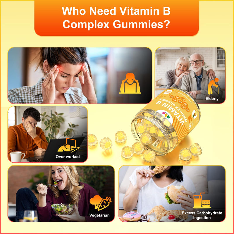 Vitamin B Complex Gummies for Adult Kid-Pineapple Flavor-Chewable Supplement with 8 Essential B Vitamins (B1, B2, B3, B5, B6, B7, B9, B12) Non GMO,Vegan 60 Count 60 Count (Pack of 1)