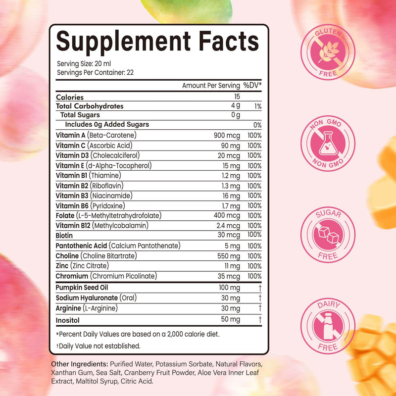 Liquid Multivitamin with 15+ Essential Nutrients | Hair Growth | Sugar-Free Multivitamin for Women & Men | Supports Hair, Skin & Nails Health | Mango Peach Flavor, 22 Servings