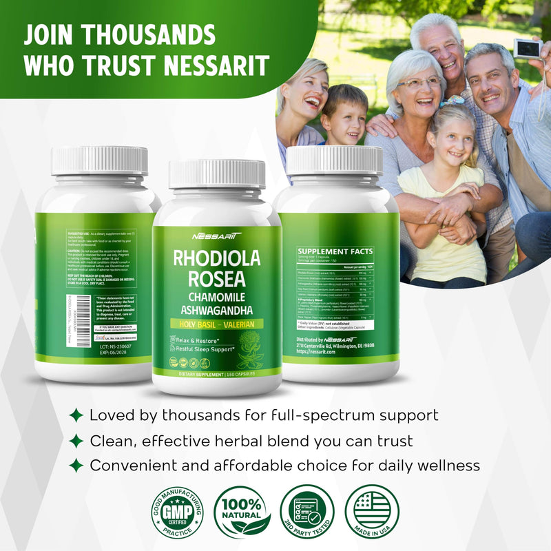 RHODIOLA ROSEA Supplement- 11-in-1 Natural Blend with Chamomile L-Theanine Ashwagandha Holy Basil Valerian Passionflower - 150 Count - Made & Tested in The USA 150 count (pack of 1) - BeesActive Australia