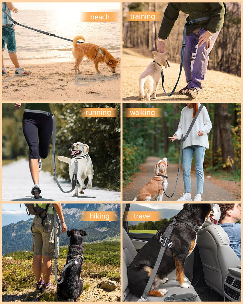 Hands Free Dog Leash, Multifunctional Crossbody Heavy Duty Dog Leash, 9.5 ft Long Waist Belt with Car Safety Buckle for Medium and Large Dogs Walking,Jogging,Running,Training (Grey 5.9-9.5ft). 5.9-9.5ft-Large Grey