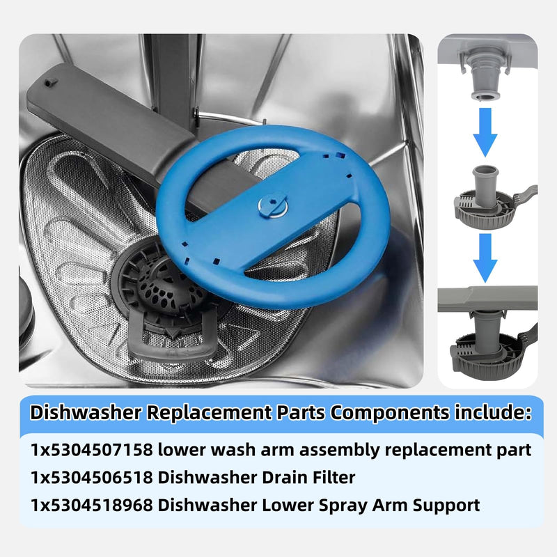 5304507158 Dishwashers Spray Arm Assembly Fit for Frigidaire Dishwashers Lower Wash Arm Assembly with 5304518968 Dishwasher Lower Spray Arm Support and 5304506518 Dishwasher Trap Drain Filter - BeesActive Australia