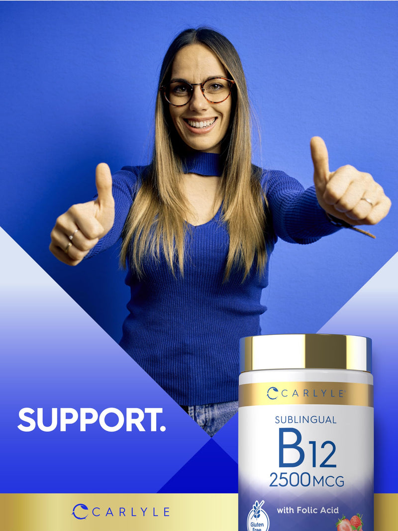Carlyle Vitamin B12 Sublingual 2500 mcg | 250 Fast Dissolve Tablets | Cyanocobalamin Supplement With Folic Acid for Adults | Natural Berry Flavor | Vegetarian, Non-GMO, and Gluten Free