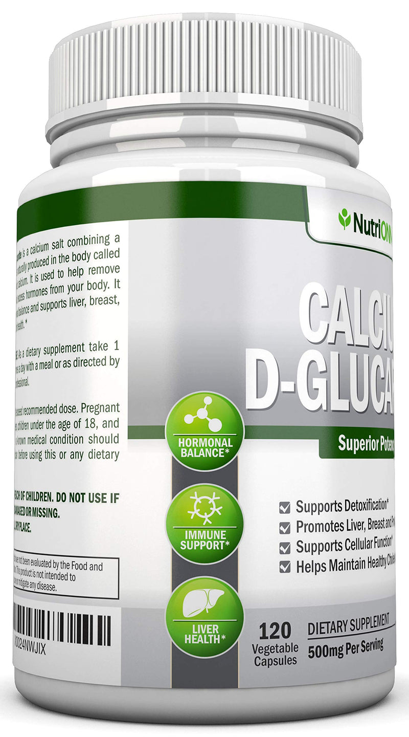 NutriONN Calcium D-Glucarate - 500mg - 120 Vegetable Capsules - Superior Potency to Support Cleansing Processes, Estrogen Metabolism & Hormonal Balance - Helps with Prostate, Breast & Colon Health