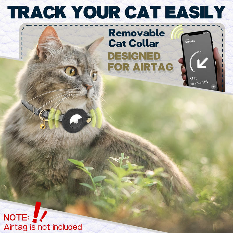 Leather AirTag Cat Collar Non Breakaway, Reflective GPS Cat Collar Adjustable with Bell and Elastic Strap for Kittens, Lightweight Cat Airtag Collar for Cats, Puppies (Black) Black - BeesActive Australia