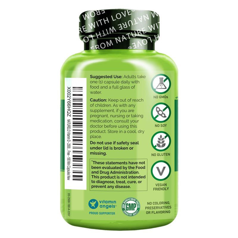 NATURELO Vitamin D3 2500 IU, Joint Support & Bone Health, 180 Count, 2 Pack | Vegan D3 Supplement, Vitamin D Supplements for Immune System, Plant-Based Capsules, Non-GMO, Gluten Free Unflavored 180 Count (Pack of 2)