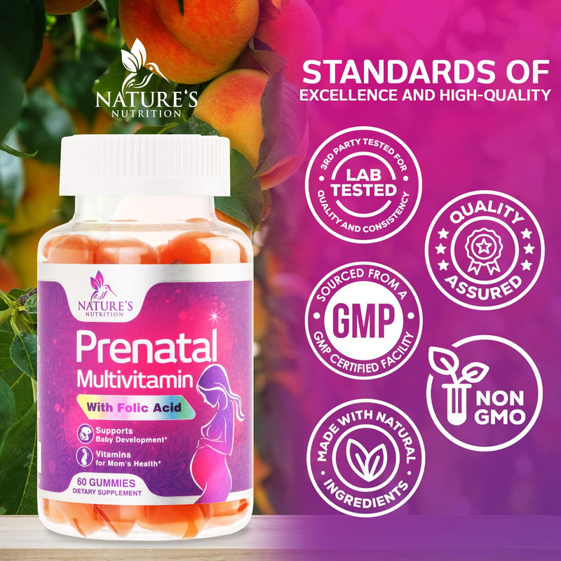 Prenatal Vitamins for Women - Pregnancy Vitamins Gummies with Folic Acid, Vitamin A, C, D3, B12, B6 - Prenatal Multivitamin Gummy for for Fetal Support, Pregnant & Nursing Women - 60 Gummies 60 Count (Pack of 1)